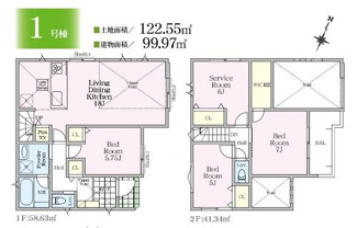 【間取り】 | 大和市上草柳6丁目 1号棟 | 北東向き　２階建て　3LDK+S　全居室収納付き　リビング・玄関上部吹き抜け　WIC　