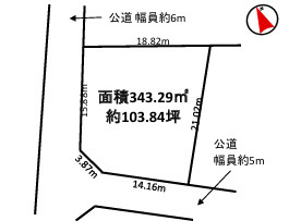 西寺方町　売地の土地図|現地区画図です。西側公道幅員約6m、南側公道5mです。