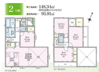 【間取り】 | 大和市上草柳6丁目 2号棟 | 北東向き　２階建て　3LDK+S　全居室収納付き　リビング・玄関上部吹き抜け　WIC　