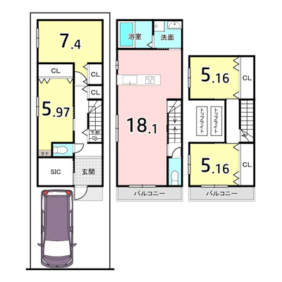 【土地図＋建物プラン例】 | 下京区猪熊通五条上る柿本町 | 3階建新築参考プラン例　建物価格2200万円(別途費用無し)