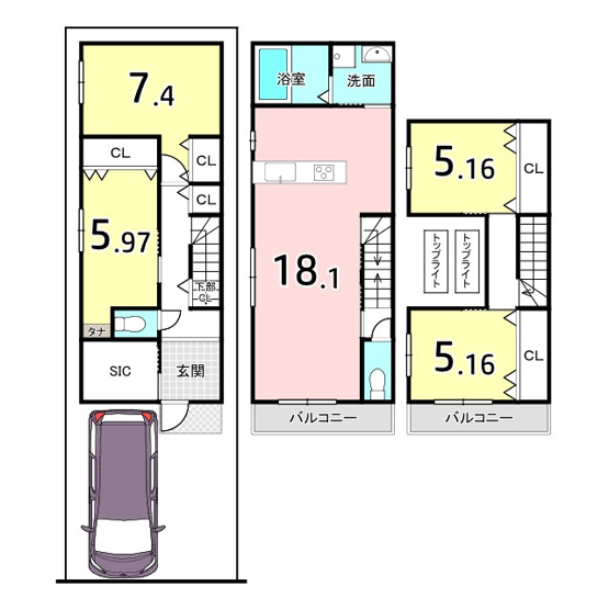 【土地図＋建物プラン例】 | 下京区猪熊通五条上る柿本町 | 3階建新築参考プラン例　建物価格2200万円(別途費用無し)