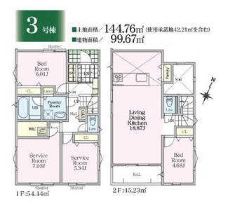 【間取り】 | 大和市上草柳6丁目 3号棟 | 南東向き　２階建て　2LDK+2S　全居室収納付き　WIC　玄関上部吹き抜け　2階LDK