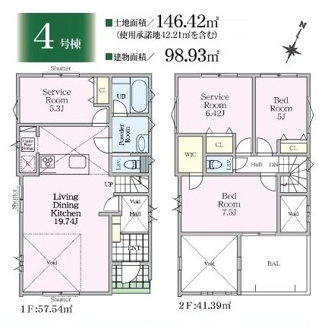 【間取り】 | 大和市上草柳6丁目 4号棟 | 南東向き　２階建て　2LDK+2S　全居室収納付き　WIC　リビング・玄関上部吹き抜け　リビング階段