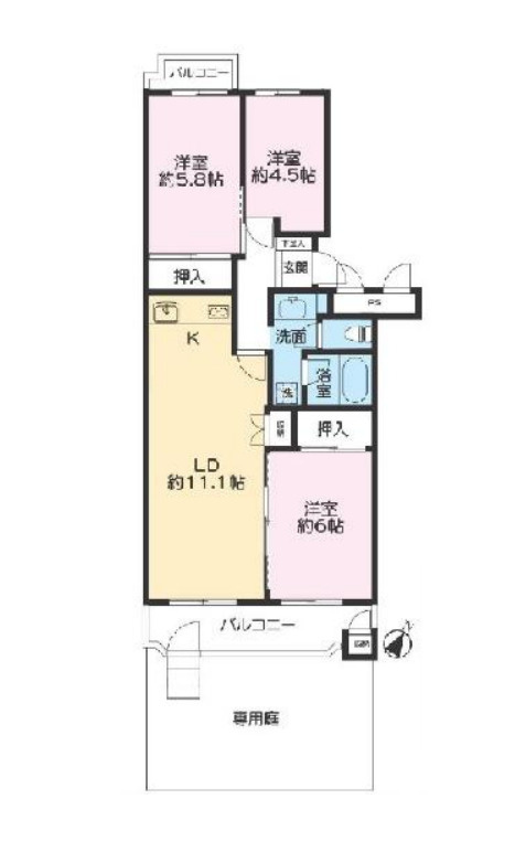 東急ドエル桶川ビレジ　1号棟の間取り|東急ドエル桶川ビレジ　1号棟、3LDK、専有面積65.79m2、バルコニー面積9.1m2