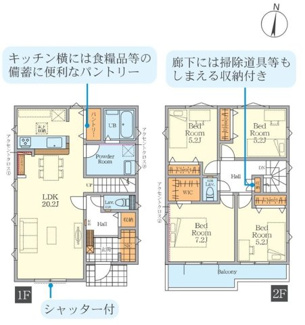 【間取り】 | 藤沢市亀井野  2号棟 8期 | 都市ガス　網戸標準仕様　シャッター1箇所付　Ｗロックディンプルキー　二部屋から行き来でいる南向きバルコニー　食洗器・浄水器　浴室乾燥機+窓　パントリー　SIC　全居室収納　LDK20帖