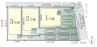 【区画図】 | 藤沢市亀井野  2号棟 8期 | 2号棟　旗竿地（間口約2.7ｍ）　東側約3.4ｍ公道（セットバック済・持分あり）　駐車2台（車種によります）　※協定地あり　敷地面積41.2坪（路地状部分含む）