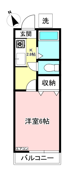 【間取り】 | ハイム愛花D | キッチン2.8帖・洋室6帖の1Kタイプのお部屋です☆はじめての一人暮らしにもぴったり♪洋室なので過ごしやすいですね☆