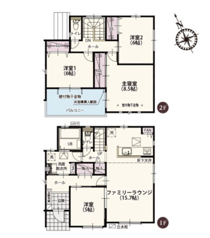 新築　太田市東別所町第8期　1号棟の間取り|4LDK　建物約31坪　日当たり良好な南面バルコニー！ホール、リビング、洗面とぐるぐる回れる回遊動線で家事効率もUP！