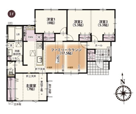 新築　太田市東別所町第7期　1号棟の間取り|3LDK　建物約28坪　開放感あるリビングの平屋住宅です！間仕切りすることで4LDKへ変更も可！リビング床暖房付き！