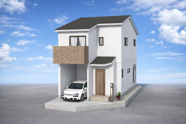 淀生津町　メインプランの外観パース|【外観イメージパース】
建物の雰囲気をイメージしやすい外観パース図です。自由設計の為、外観デザインなどお客様のお好みに変更が可能です！（新築参考プラン82.01㎡、建物価格1698万円）