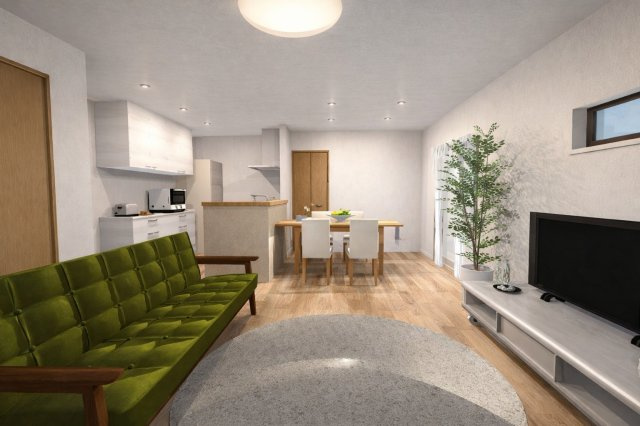 淀生津町　メインプランの完成予想図|【リビングイメージパース】
奥行きあるリビングは、ソファーを置いて家族団らんや、お気に入りのダイニングテーブルで楽しくお食事が楽しめます！（新築参考プラン82.01㎡、建物価格1698万円）