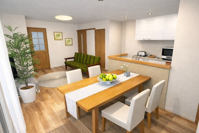 淀生津町　メインプランの完成予想図|【リビングイメージパース】
ご家族との繋がりを重視したリビング階段！「ただいま」「おかえり」の声がいつも聞こえてパパママ安心♪（新築参考プラン82.01㎡、建物価格1698万円）