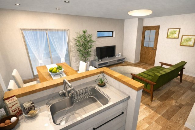 淀生津町　メインプランの完成予想図|【リビングイメージパース】
手元の隠れるキッチンカウンターは生活空間への水跳ねの心配が少なく、見た目のごちゃつきも隠せちゃうのが嬉しいポイント！