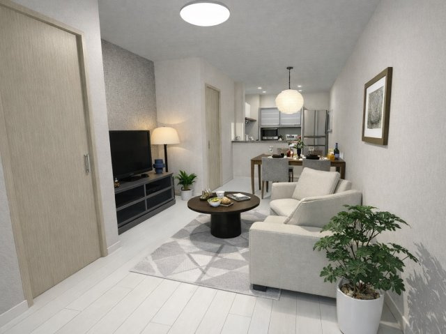 西七条名倉町　新築参考プランの完成予想図|【リビングイメージパース】
奥行きあるリビングは、ソファーを置いて家族団らんや、お気に入りのダイニングテーブルで楽しくお食事が楽しめます！（新築参考プラン79.97㎡、建物価格1898万円）