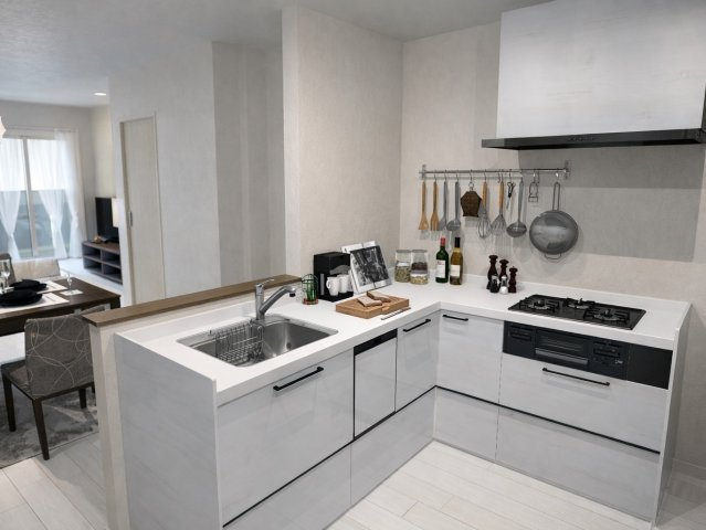 西七条名倉町　新築参考プランの完成予想図|【キッチンイメージパース】
作業スペースが三角形になったL字型キッチン。お料理中の作業同線が確保しやすく、効率的に動けて家事の時短に！（新築参考プラン79.97㎡、建物価格1898万円）