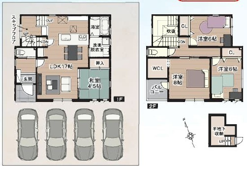 香南市野市町西野　新築戸建　2号棟　（全4区画）の間取り|4ＬＤＫ+ＷＣＬ　床面積　1階　55.89㎡（16.90坪）：2階　51.34㎡（15.53坪）