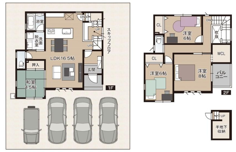 香南市野市町西野　新築戸建　1号棟　（全4区画）の間取り|4ＬＤＫ+ＷＣＬ　床面積　1階　56.31㎡（17.03坪）：2階　52.17㎡（15.78坪）
