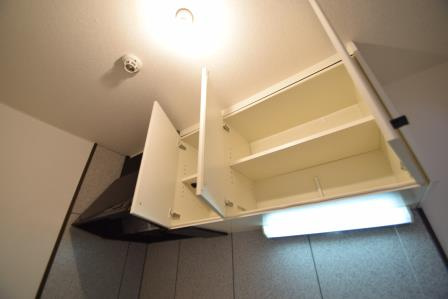 サンビレッジ藤原台B棟のキッチン|キッチン上に収納あります