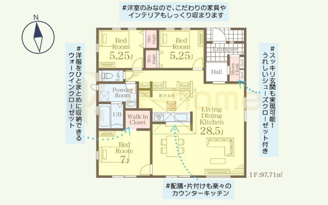 石岡市府中2期　新築戸建て　1号棟の間取り|3LDK＋WIC＋SC、土地面積320.18ｍ2、建物面積97.71m2