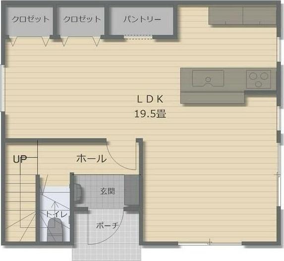 HT久原2号地の間取り|開放的なLDKは19.5畳の広さがありレイアウトの幅も広がります。キッチン横には便利なパントリーが備え付けられています。クローゼットも2カ所あり収納スペースが充実しています。