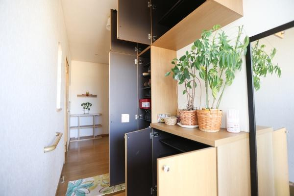 城東町　戸建ての玄関|玄関には収納スペースが豊富に備えられているので整理整頓がしやすいです。明るい空間が広がり開放感があります。観葉植物なども置きやすいレイアウトが魅力です。来客時にも対応しやすい動線です。
