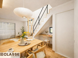 【キッチン】 | 宇治市広野町寺山　新築戸建 | 階段下のデスクカウンターは、家族と会話を楽しみながら作業でき、
家事や仕事、子どもの学習も見守れる安心のスペースです。