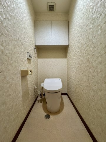 アルコ根上り松のトイレ|収納棚付きで片付きます。