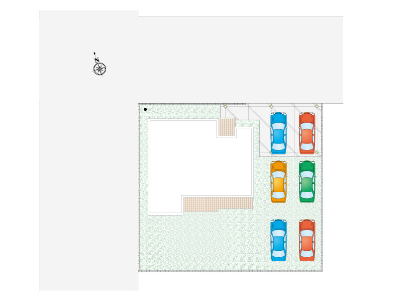 区画図　駐車6台可能+広々とした南庭付き！ご家族の増車や来客時も駐車スペースに困りません！ご友人を招いてお庭でBBQやお子様用プールを出したりと夢が広がりますね。