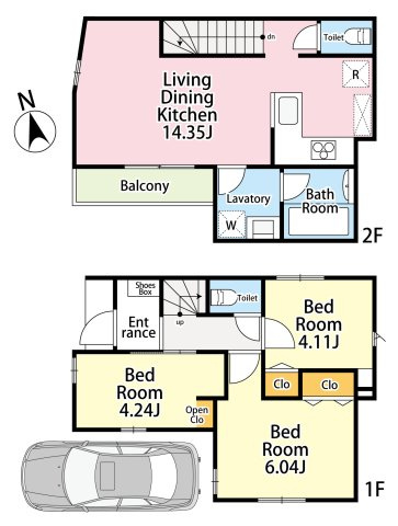 練馬区北町5丁目　建築条件付き売地　限定1区画の参考プラン|3LDK+ビルトイン車庫　敷地面積 63.76ｍ2　建物面積 74.79ｍ2(車庫部分 10.60ｍ2含む)　建物価格 2,134万円　土地建物総額6,580万円