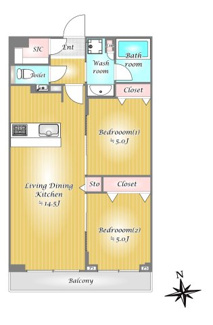 【間取り】 | ベイクレストタワー | 陽当り良好な南向き住戸
62.42平米の2LDKで収納豊富な間取り