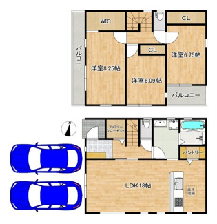 【間取り】 | 北条町１丁　新築一戸建 | 駐車２台可能！セカンドカーや来客時にも安心ですね♪広々駐車スペースはママやお子様の自転車も停められますね！