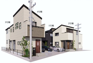 【外観パース】 | 【仲介手数料無料！！】多摩市一ノ宮4丁目　新築戸建て（全4棟）1号棟　5890万円 | 本パースは、イメージ図につき、風景、建物、植栽などについては施工後の現物との差異が生じます
つきまして本パースによって生じたいかなる損害については一切責任を負いません