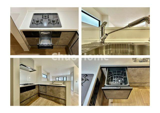 葛飾区東金町4丁目新築分譲住宅のキッチン|【システムキッチン】ワイドで収納豊富な使い勝手の良いカウンターキッチンには、食洗器や伸縮タイプのキッチン水栓、三ツ口コンロ・魚焼きグリルなどの便利な設備が標準完備されています。