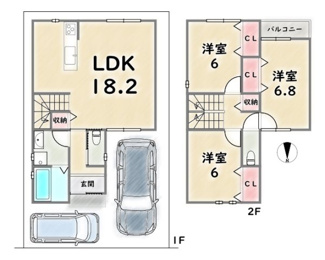 【土地図＋建物プラン例】 | 右京区山ノ内苗町　建築条件付 | 《参考プランA》建物価格：1999万円　延床面積：88.5平米（1F:44.96平米　2F:43.54平米）