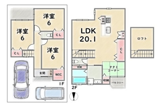 【土地図＋建物プラン例】 | 右京区山ノ内苗町　建築条件付 | 《参考プランB》建物価格：2199万円　延床面積：93.34平米（1F:41.91平米　2F:51.43平米）
