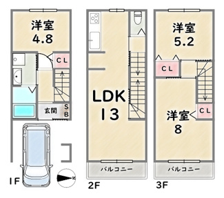 【間取り】 | 下京区西七条比輪田町 | Aプラン：価格3280万円、外構費用50万円＋建築確認申請費用100万円＋水道負担金50万円別途要（税込）