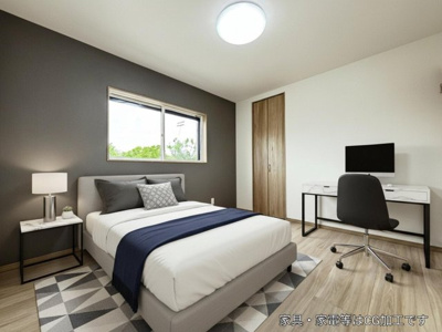 【寝室】 | 【主寝室　CG家具設置イメージ】
※画像に含まれる家具家電はCGで作成されたイメージです。実際の物件には付帯しません。