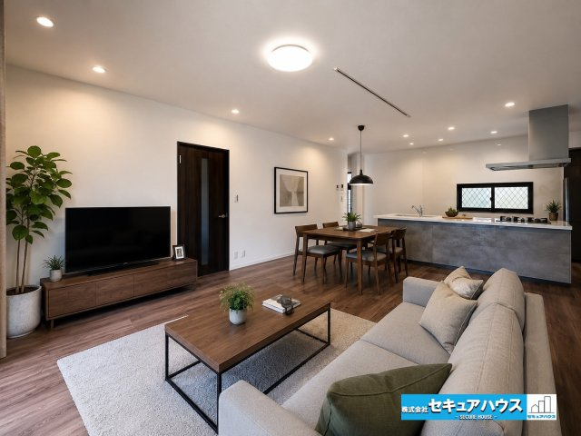 日進市岩崎町阿良池　中古戸建の居間・リビング|【LDK家具配置をイメージした図】
◆通学から帰宅し、リビングルームで会話を楽しむ子ども達。リビングから臨む景色は太陽色に染まり、解放感溢れゆったりとしたひと時を過ごすことが出来る素敵な空間です。　　