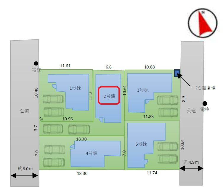 所沢市東狭山ケ丘3丁目・全5棟　新築一戸建　2号棟の区画図|【全5棟・2号棟】カースペース縦列2台。