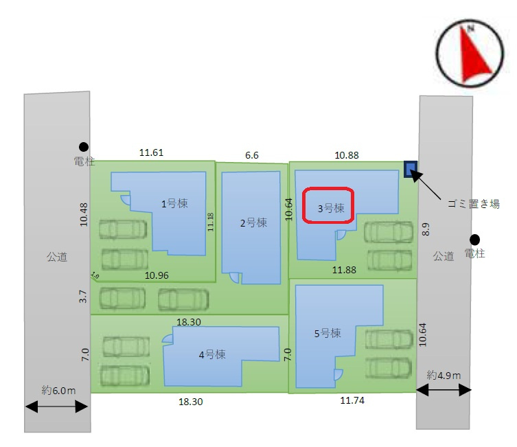 所沢市東狭山ケ丘3丁目・全5棟　新築一戸建　3号棟の区画図|【全5棟・3号棟】カースペース並列2台。