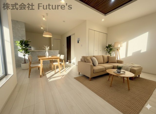 三郷市幸房　新築戸建　全1棟の居間・リビング|現況の物件写真にCGによる画像処理を行っています。家具、家電、小物、カーテン等はイメージはCGです。