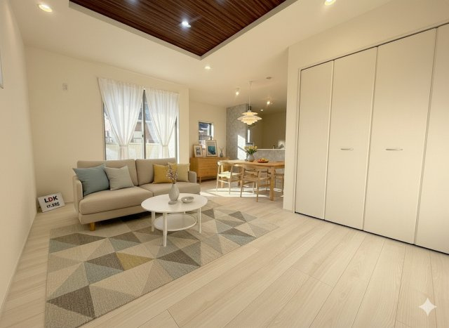 三郷市幸房　新築戸建　全1棟の居間・リビング|現況の物件写真にCGによる画像処理を行っています。家具、家電、小物、カーテン等はイメージはCGです。