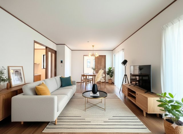 戸塚区前田町　新築戸建ての居間・リビング|［モデルハウス］◆家族で食卓を囲むダイニングスペースと、ソファでゆったりくつろぐリビングスペースがしっかり区切られているので家具の配置や用途を使いわけしやすいです。
