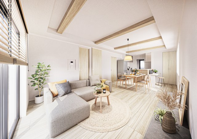 【完成予想図】 | 三芳町北永井　建築条件無売地　全7区画　(ふじみ野店) | 【弊社参考プラン/内観パース】
リビング・ダイニングは折上げ天井により天井が高く開放感溢れる空間に。