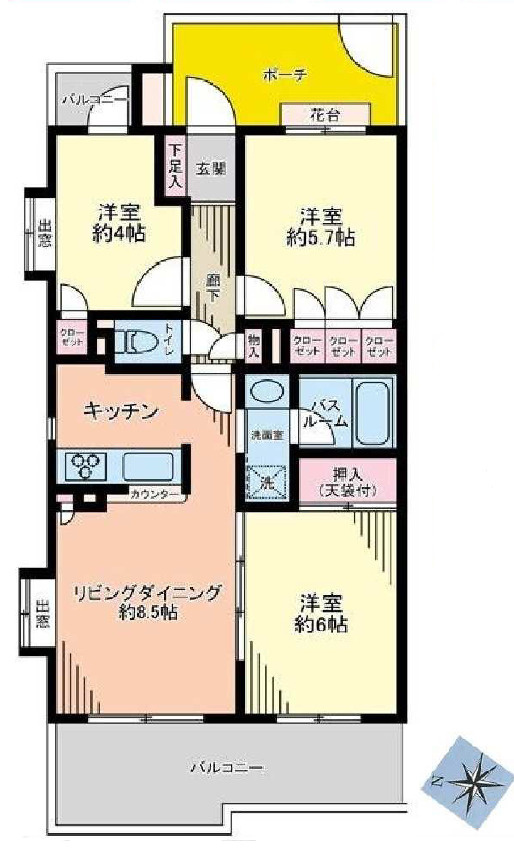 クリオ三鷹伍番館の間取り|【間取り】
3LDK、価格4190万円、専有面積58.2m²、バルコニー面積11.34m²
