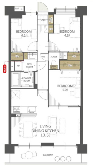 【間取り】 | レーベングランヒルズ朝霞台　(志木本店) | ファミリーに嬉しい3LDKのゆとりある住空間です。
お料理をしながらリビングが見渡せる対面キッチンで家族を近くに感じられます。