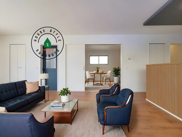 菊池郡菊陽町大字原水第5-5棟(1号棟)の内観：施工例|明るく開放的なリビングダイニングは豊かな陽光が注ぎ込み、やすらぎの空間を演出してくれます。ご家族で楽しいひとときをお過ごし下さい。※家具はCGを合成したものです。