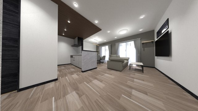 【完成予想図】 | 新座市野寺1丁目　建築条件付売地　全6区画　(保谷店) | 3区画/参考プラン内観パース
ご家族みなさまが自然と集まるくつろぎのリビング。※参考プラン間取図を基に作成したイメージ画像です。実際とは多少異なります。