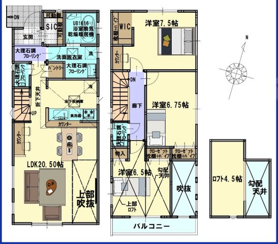 【参考プラン】 | 新座市野寺1丁目　建築条件付売地　全6区画　(保谷店) | 4区画/建物面積：96.25ｍ2、建物標準価格：1600万円
SIC、WIC、ロフトなど豊富な収納を備えた住まいを建築可能です。※図面を基に作成しています。現況と異なる場合は現況を優先いたします。