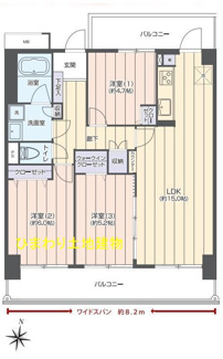 【間取り】 | 南えびな杉久保サンパルク650A街区2号棟 | 南向き　3LDK　２面採光　全居室採光有り　全居室収納付き　WIC　